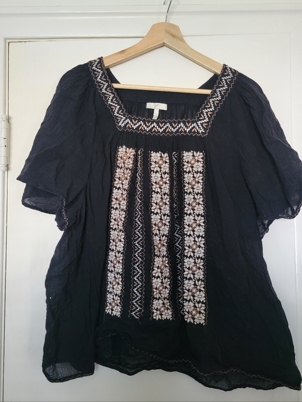 Joie Black Tunic with Cream Embroidered Panels